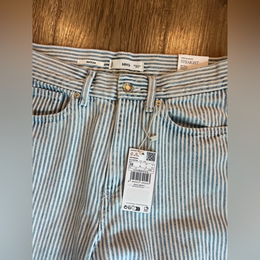 Mango NWT Striped Straight Leg Jean Blue White 6 - Picture 5 of 6